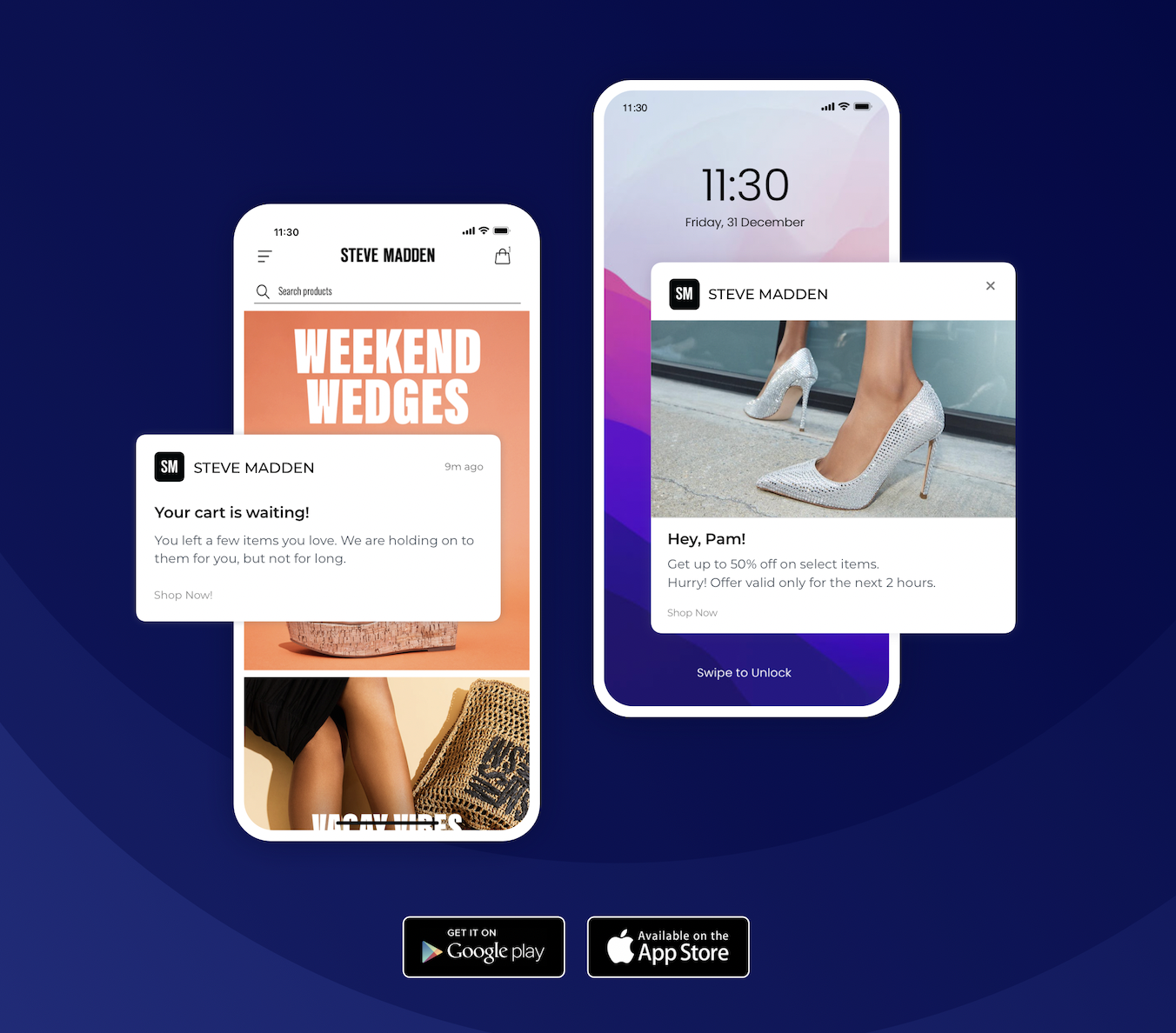Push notifications preview by the brand Steve Madden